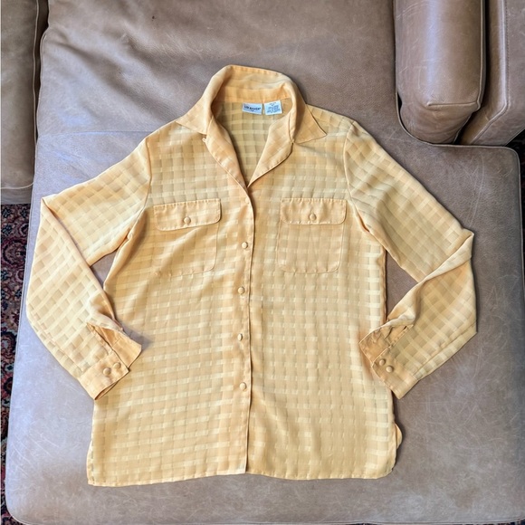Vintage Liz Baker Yellow Checkered Sheer Blouse Button Down Women’s Size 10 Tall - Picture 1 of 8